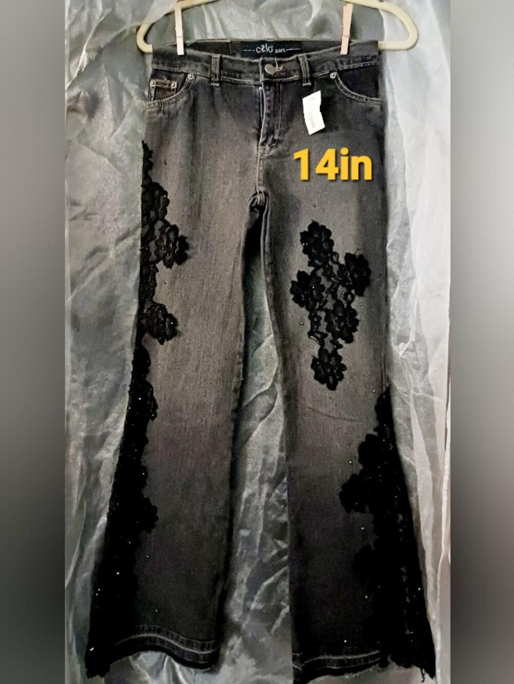 Embellished CELO Charcoal Gray Flare Jeans with Floral Detail